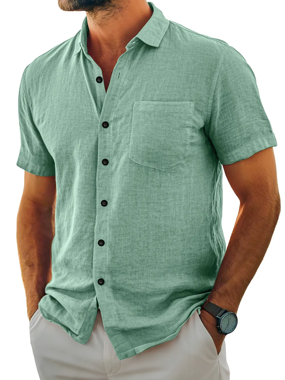 Clean Line Short Sleeve Open Collar Pocket Shirt