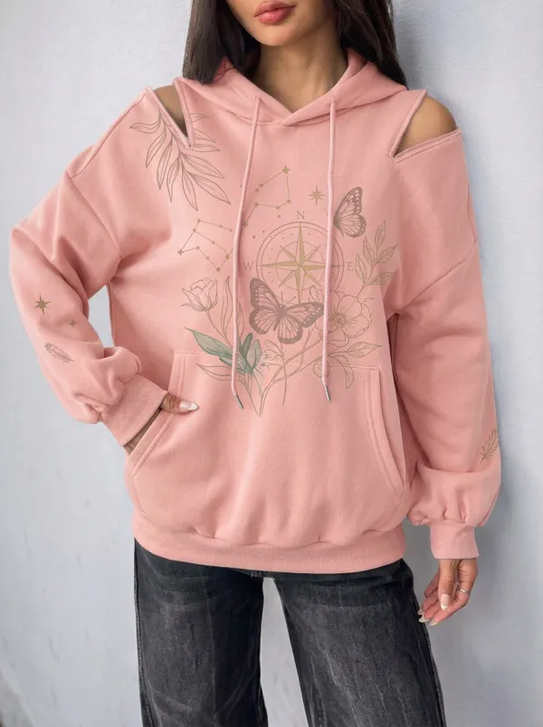 Women's Boho Butterfly Compass Floral Printed Cold Shoulder Hoodie