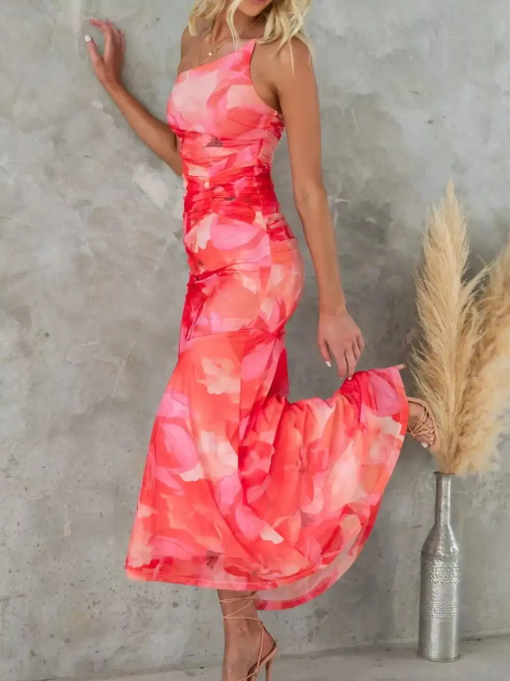Casual Floral Print One Shoulder Ruched Maxi Dress