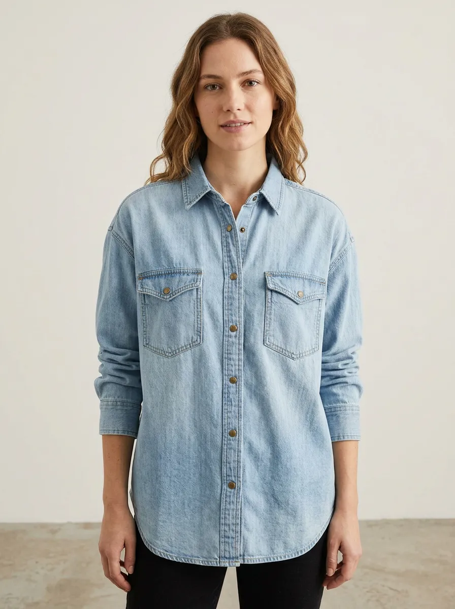 Women's Casual Style Light Wash Denim Button-Down Shirt