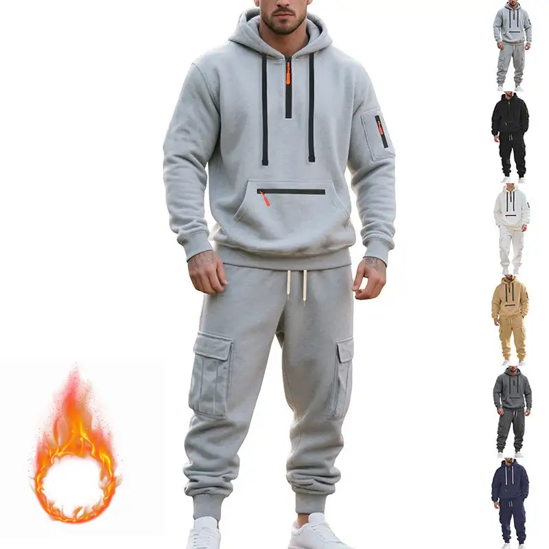 Men's Urban Cargo Tracksuit with Hooded Hoodie and Zipper Pockets Cargo Pants
