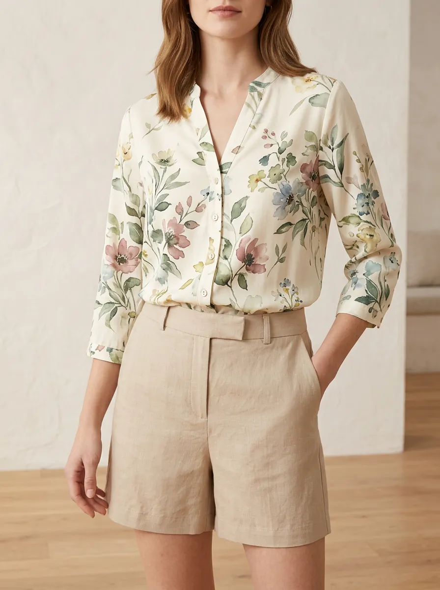 Everyday Floral Watercolor Women's Three-Quarter Sleeve Top