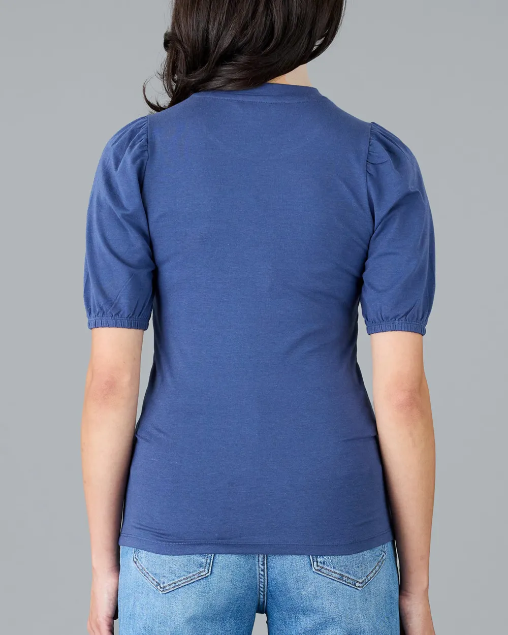 Fashionable Indigo Puff Sleeve Casual Blouse