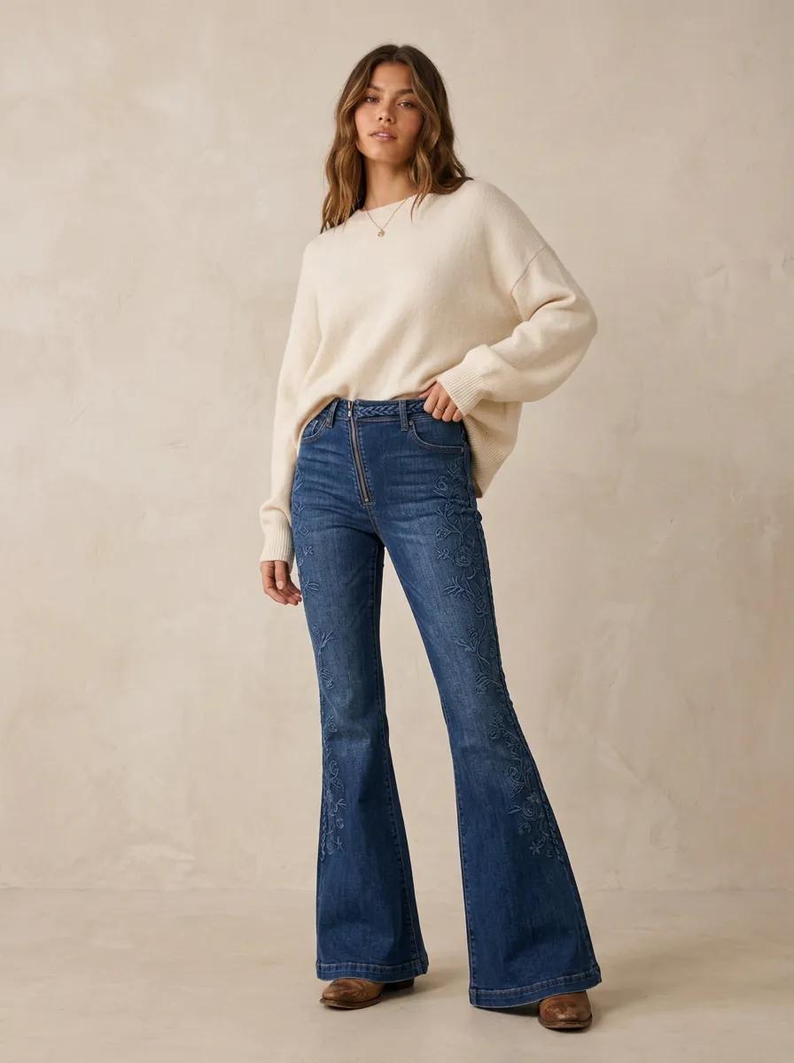 Women's Vintage Floral Embroidered High-Waisted Flare Jeans