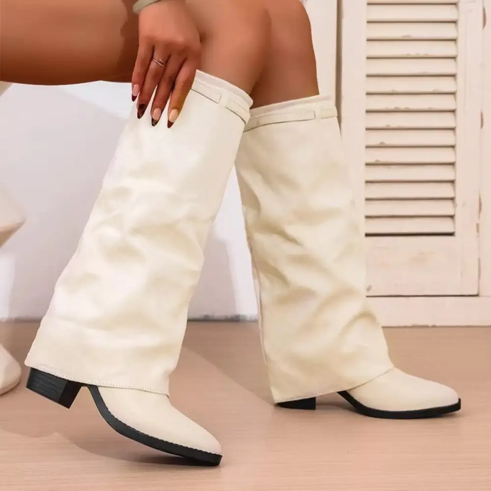 Textured Pointed Toe Block Heel Boots