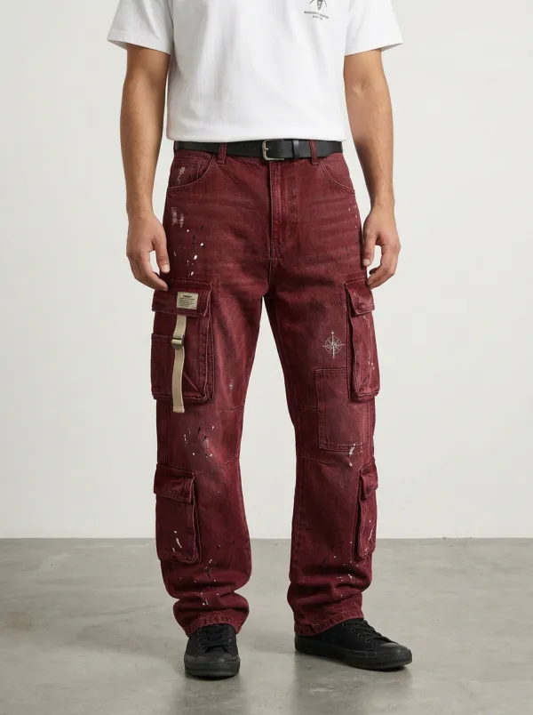 Men's Streetwear Compass Print Paint Splatter Denim Cargo Jeans