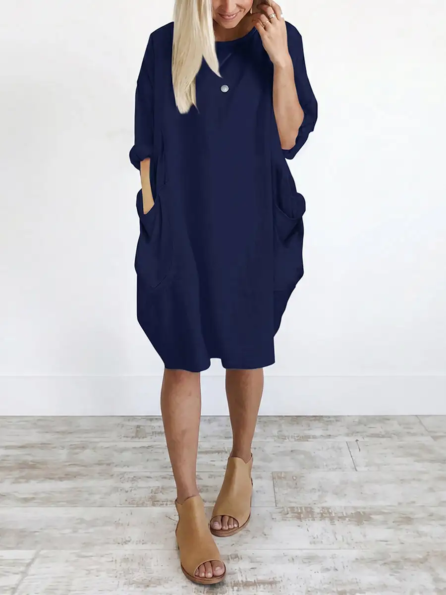 Refined Long Sleeve Relaxed Pocket Solid Color Round Neck Mini Dress
