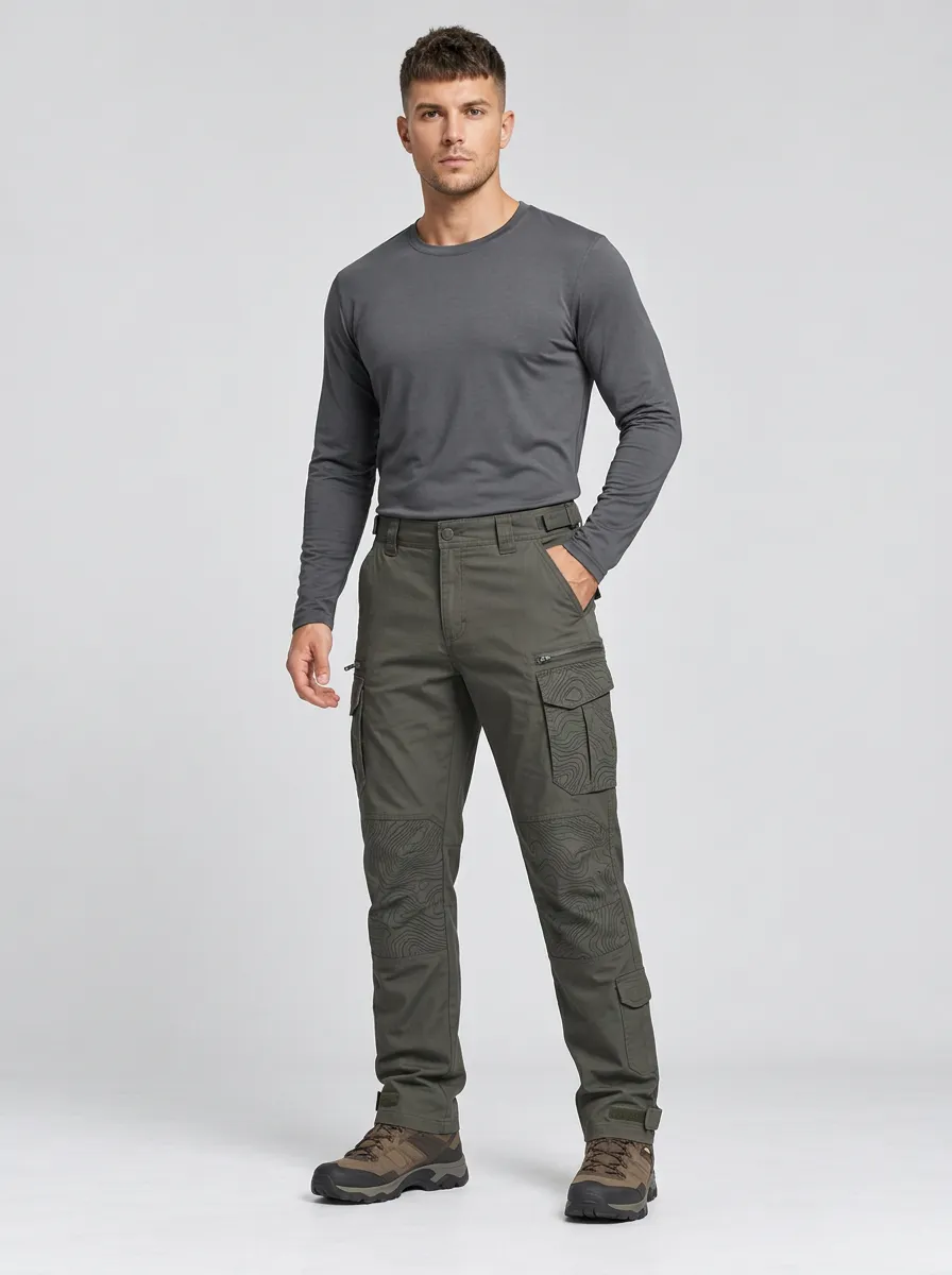 Men's Olive Green Topographic Multi-Pocket Adjustable Hem Tactical Cargo Pants