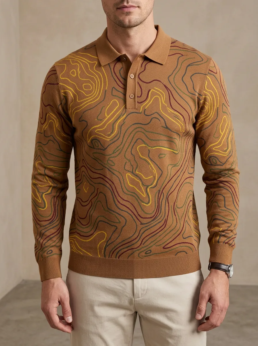Men's Outdoor Adventure Topographic Map Printed Long Sleeve Polo Shirt Everyday Design