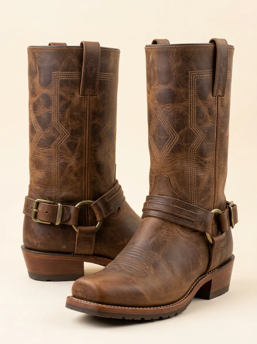 Men's Western Cowboy Brown Leather Buckle Printed Boots