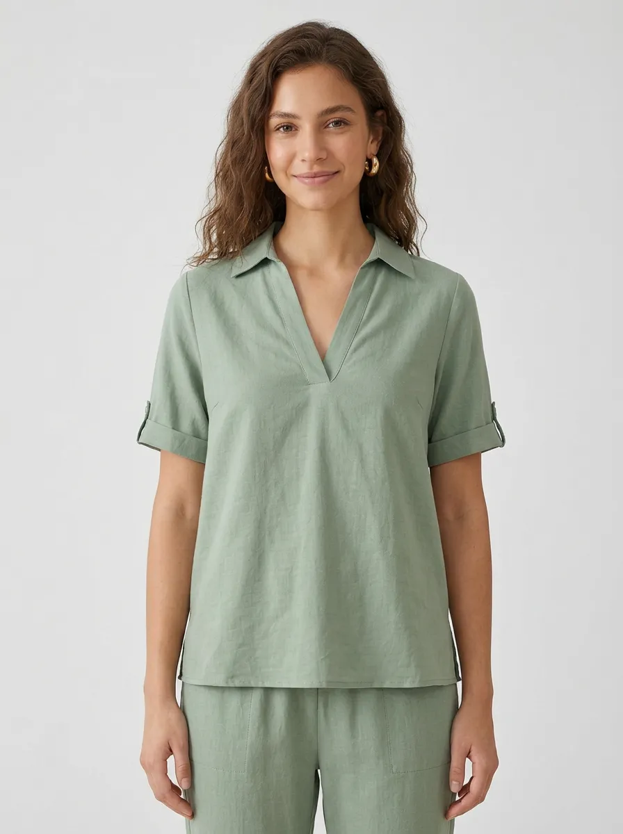 Short-Sleeve Button-Detail Women's V-Neck Shirt
