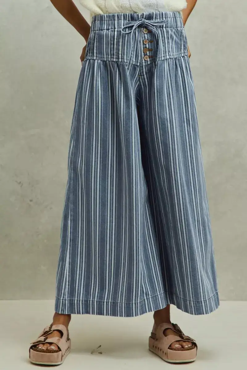 So Me Mid Rise Stripe Denim Washed Pleat Wide