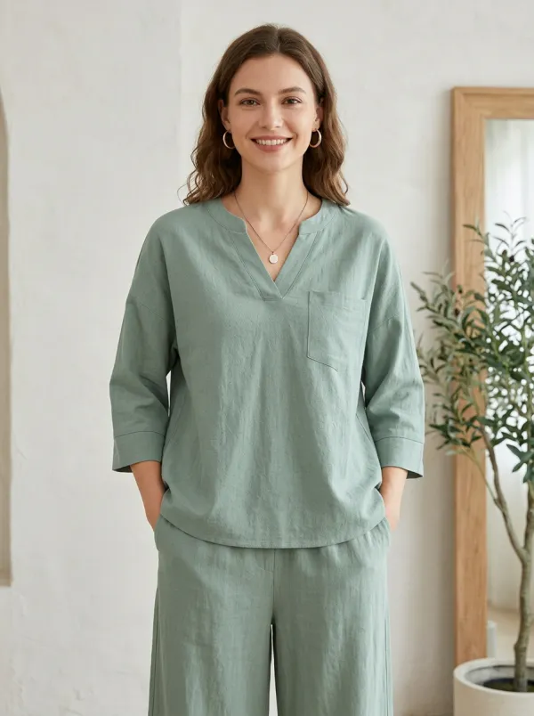 Pocket Short-Sleeve Women's V-Neck Casual Lounge Set