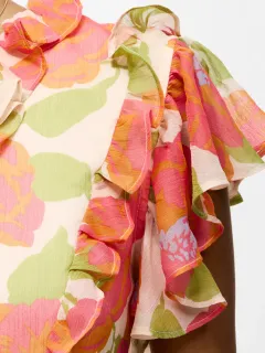 Breathable V-Neck Cropped Top With Ruffled Sleeves