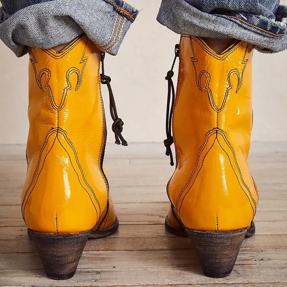 Patent Embroidered Zip-Up Pointed-Toe Ankle Boots