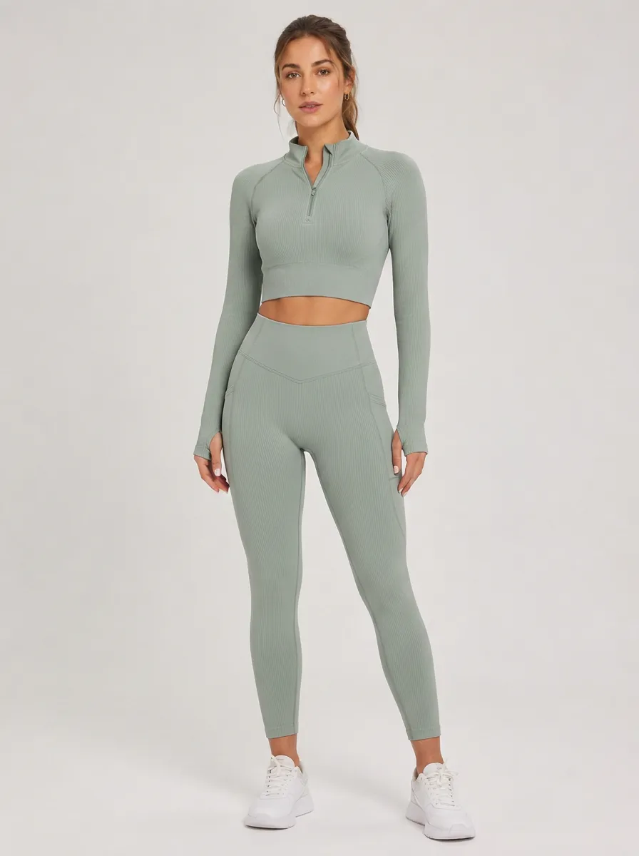 Women's Sage Green Ribbed Quarter-Zip Crop Top and Leggings Set
