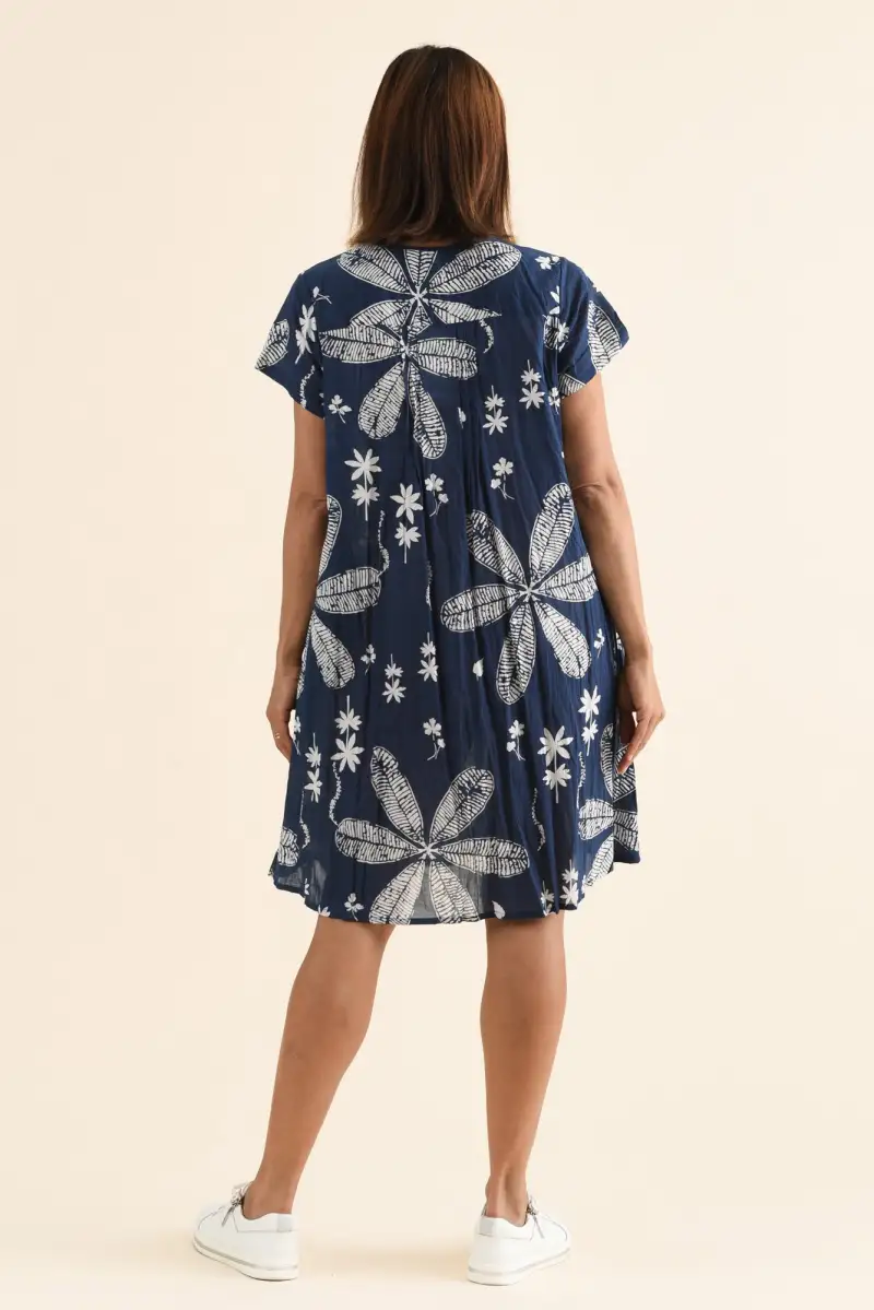 Above-Knee Floral Cotton Button-Front Pocket V-Neck Short-Sleeve Dress