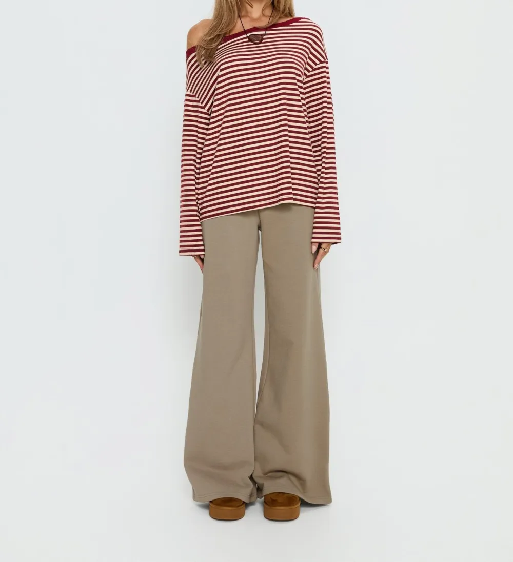 Red Striped Off-Shoulder Long Sleeve Knit Top