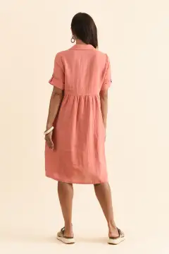 Knee-Length Linen Pocket Collared Half-Sleeve A-Line Dress