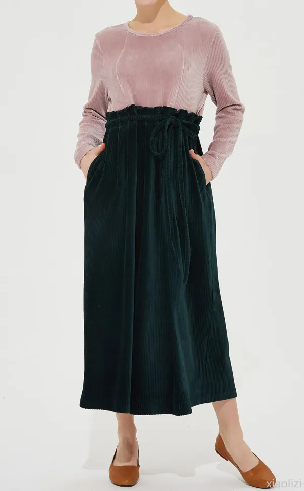 Corduroy Ruffle Long Sleeve Maxi Dress