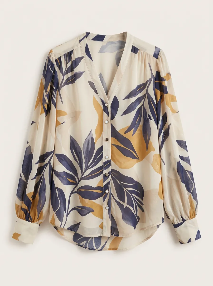 Women's Botanical Leaf Print V-Neck Button Down Blouse