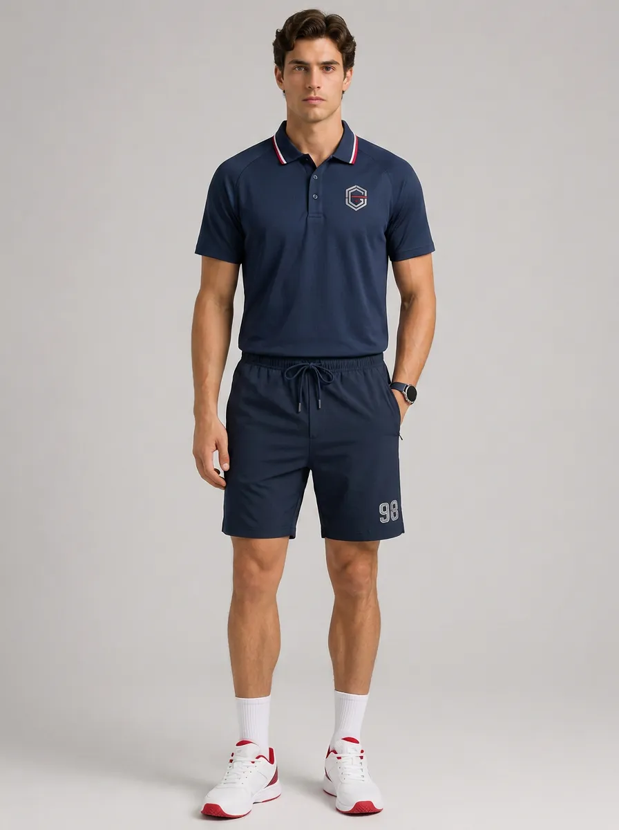 Men's Casual Sporty Logo Number 98 Printed Polo Shirt Shorts Set