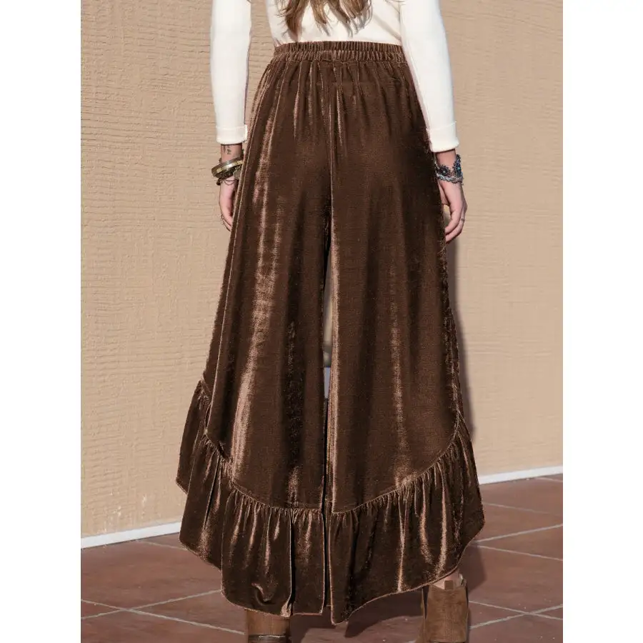 Ruffle Trim Wide Leg Slit Pants