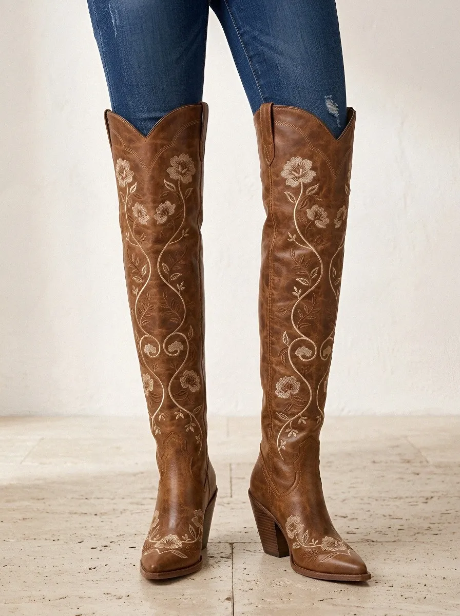 Women's Brown Distressed Floral Embroidered Western Over-the-Knee Boots