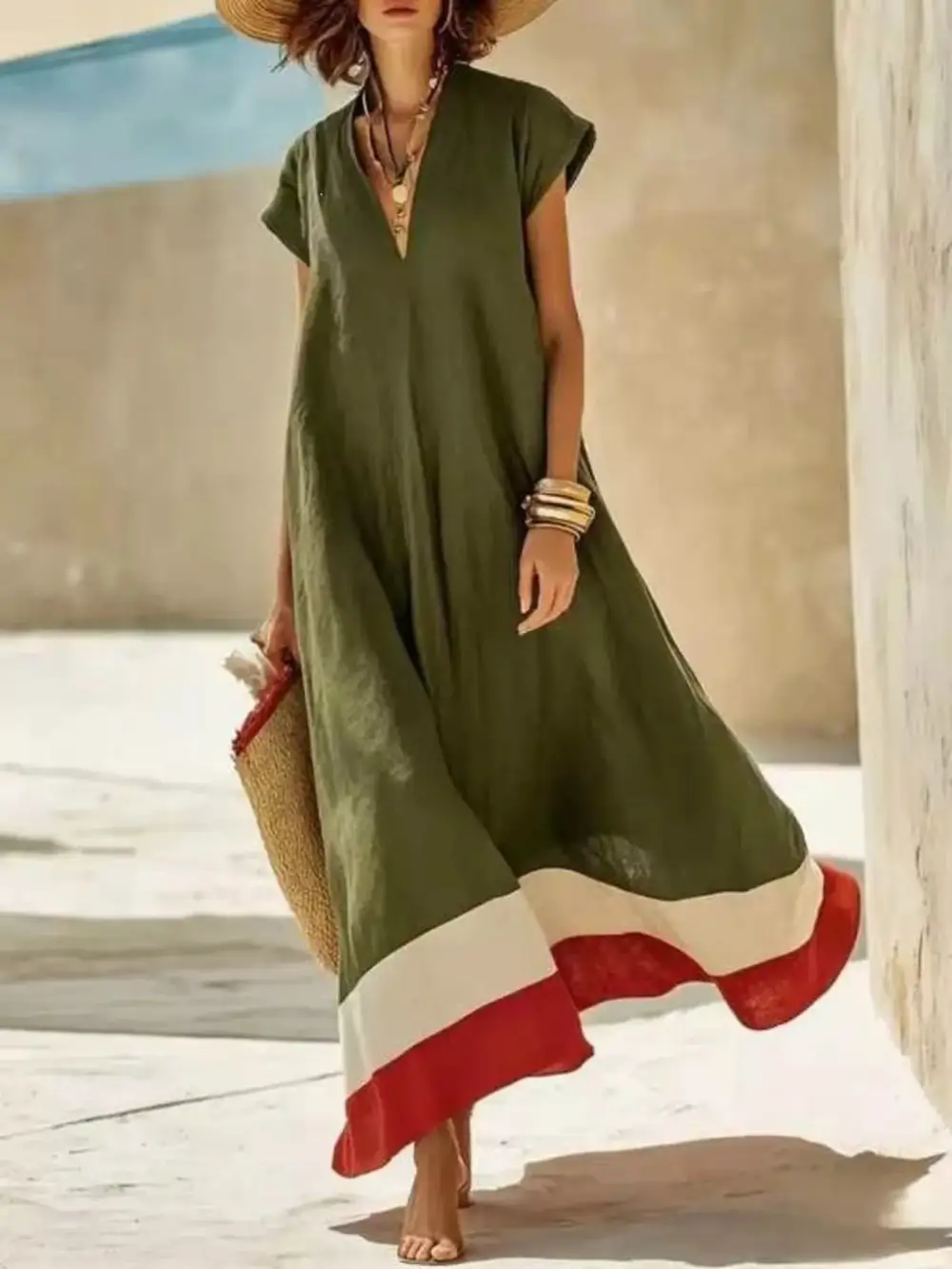 Color Block Hem V Neck Maxi Dress