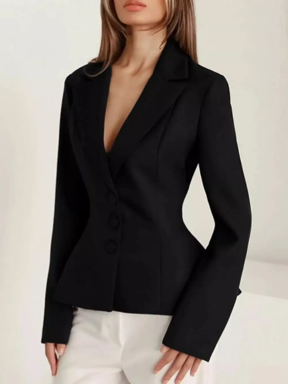 Button-Up Lapel-Collar Peplum Blazer