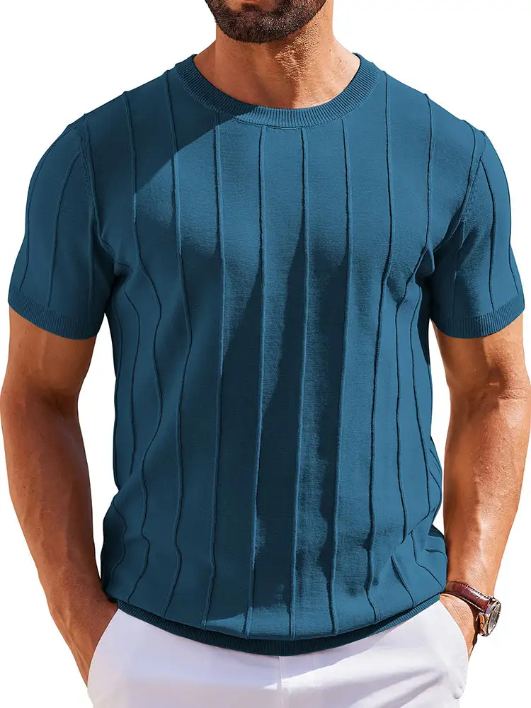 Casual Short Sleeve Shirt Ribbed Knit Pullover Tee
