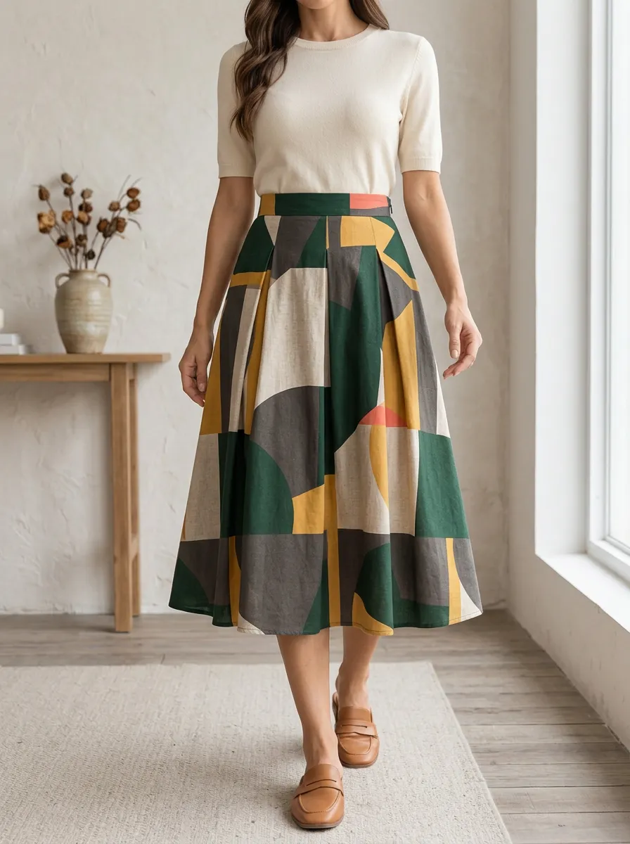 Women's Modern Geometric Print Pleated Midi Skirt