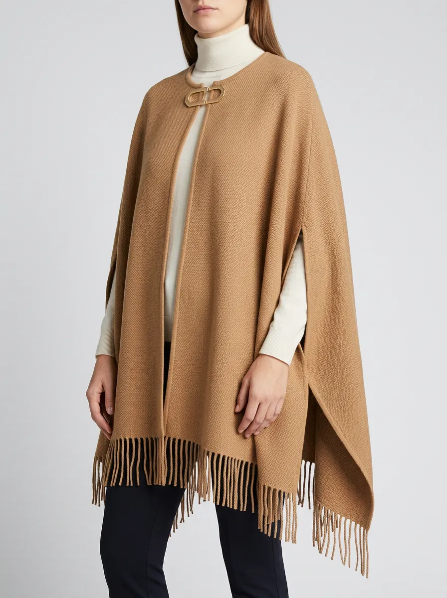 Fringed Buckle-Front Women's Cape Poncho