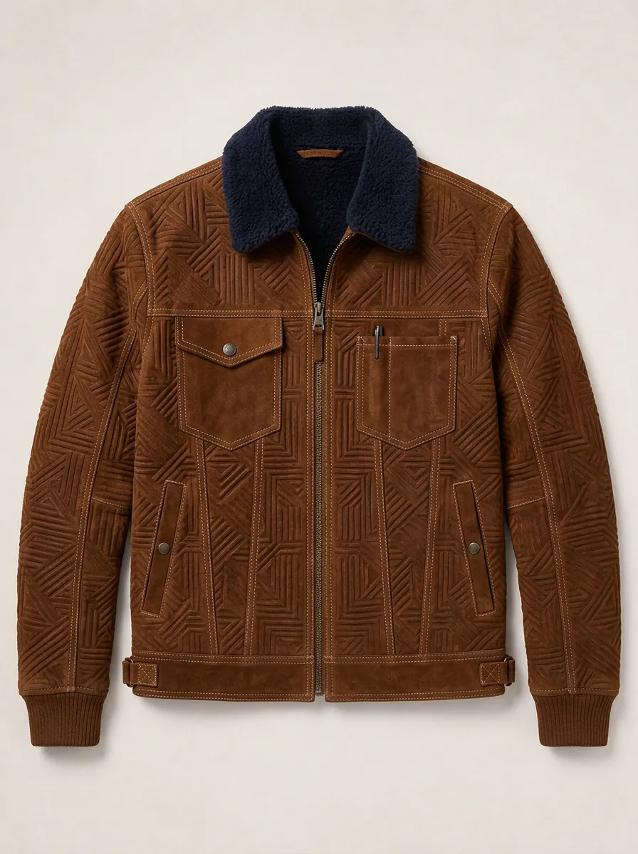Men's Geometric Pattern Suede Sherpa Collar Printed Jacket