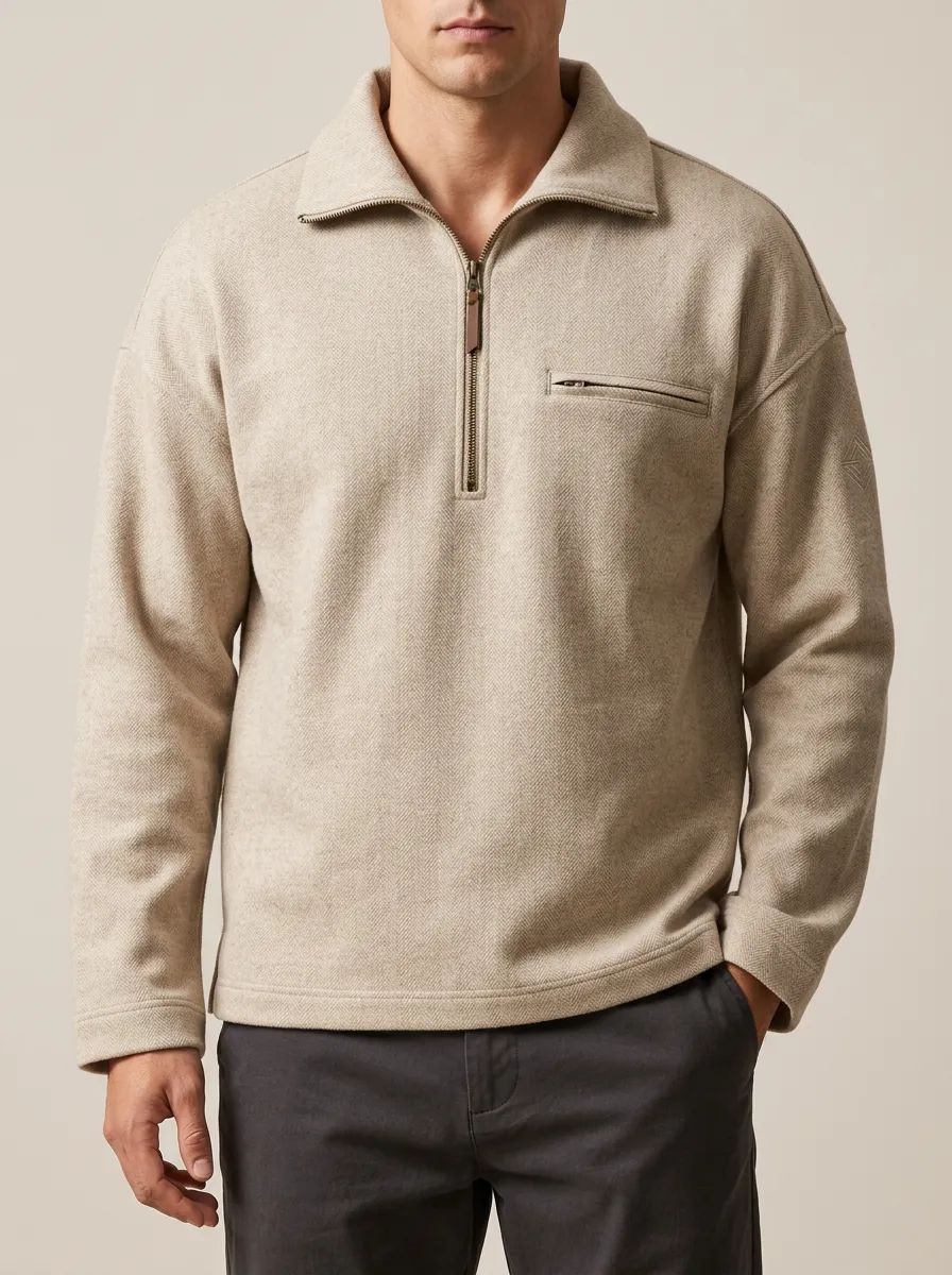 Everyday Herringbone Pattern Quarter-Zip Pullover
