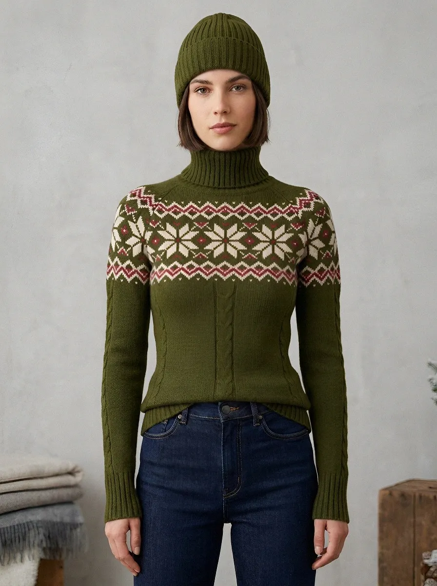 Women's Christmas Holiday Nordic Snowflake Printed Turtleneck Sweater