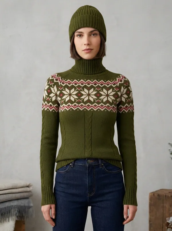 Women's Christmas Holiday Nordic Snowflake Printed Turtleneck Sweater