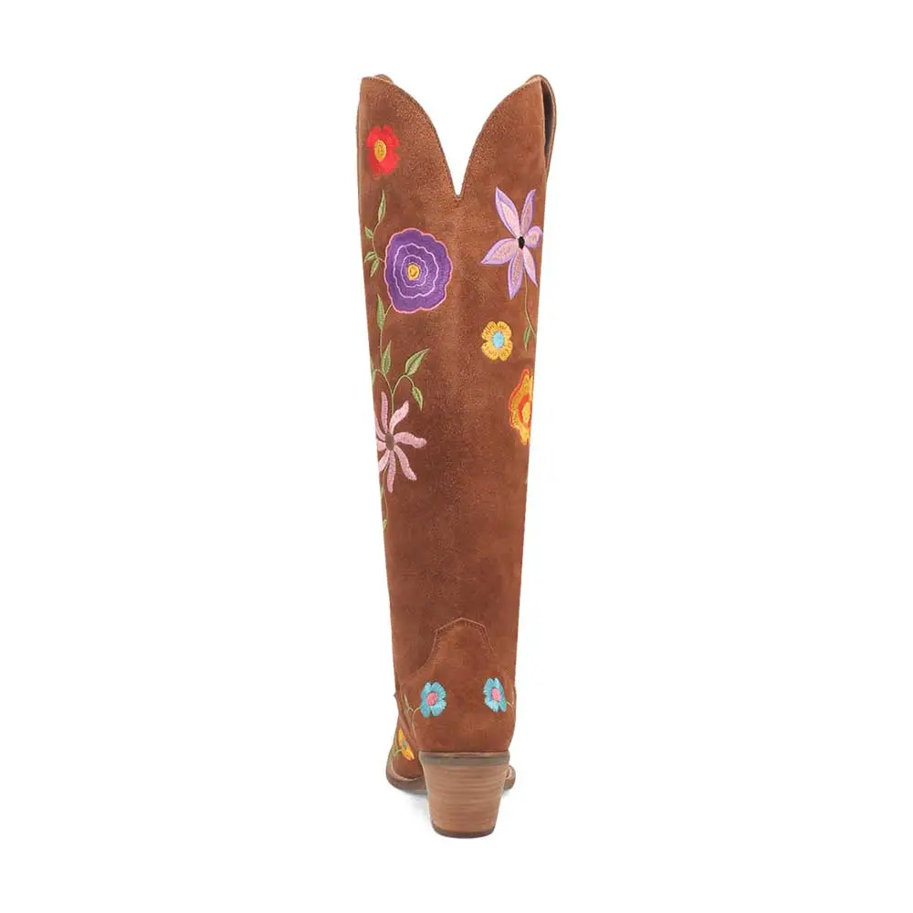 Faux-Suede Embroidered Floral Snip-Toe Over-the-Knee Boots
