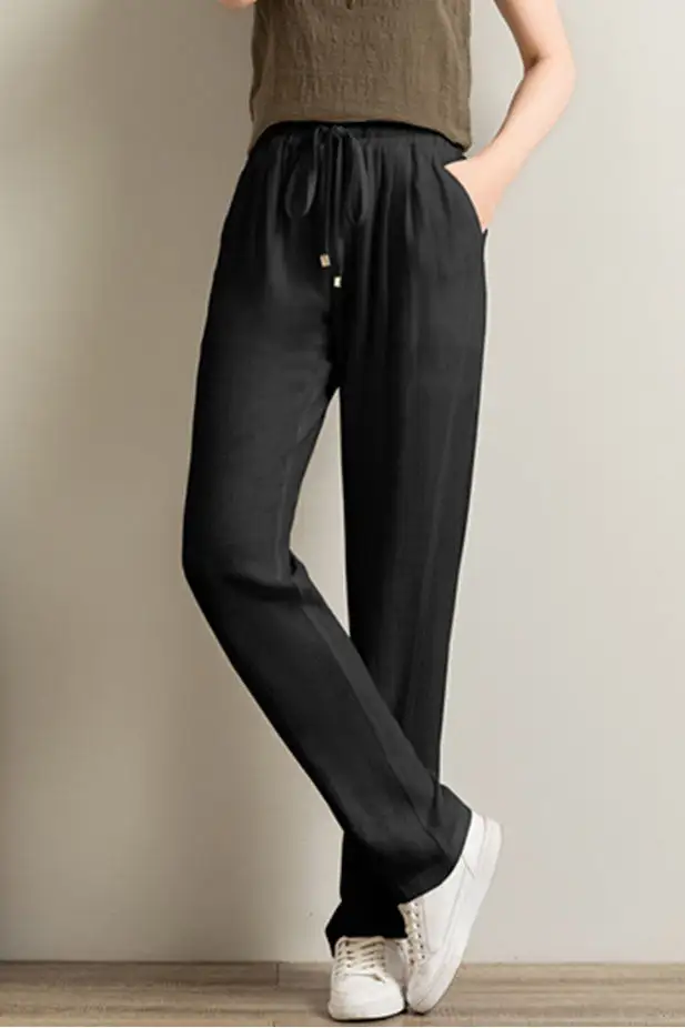 Polished Linen Wide Leg Elastic Waist Pocketed Trousers