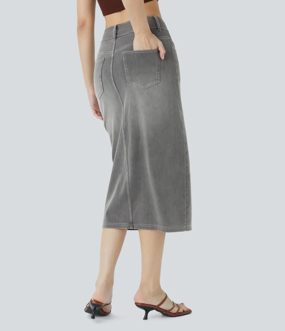 Magic High Waisted Multiple Pockets Bodycon Split Washed Stretchy Knit Denim Casual Midi Skirt