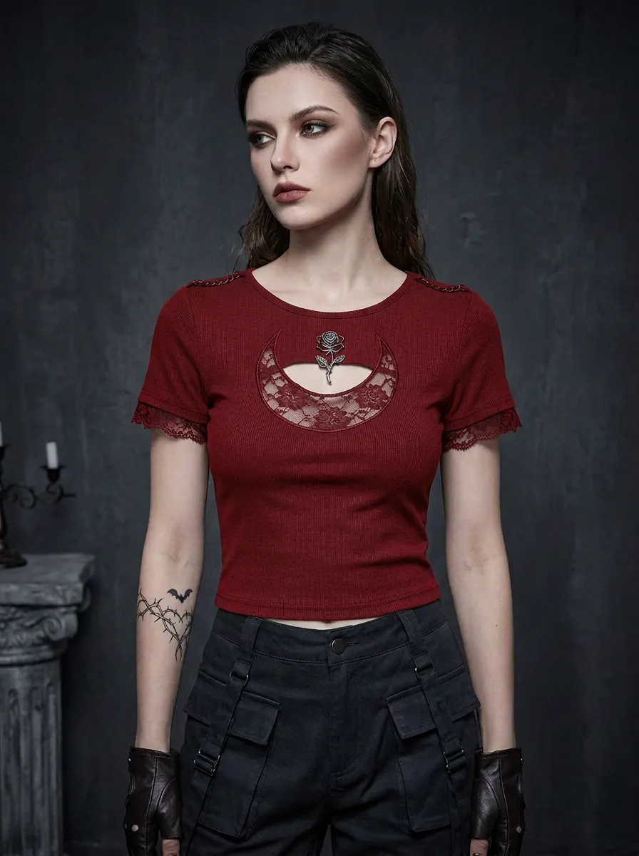Moonlit Rose Moon Lace Silhouette Women's Gothic T-Shirt