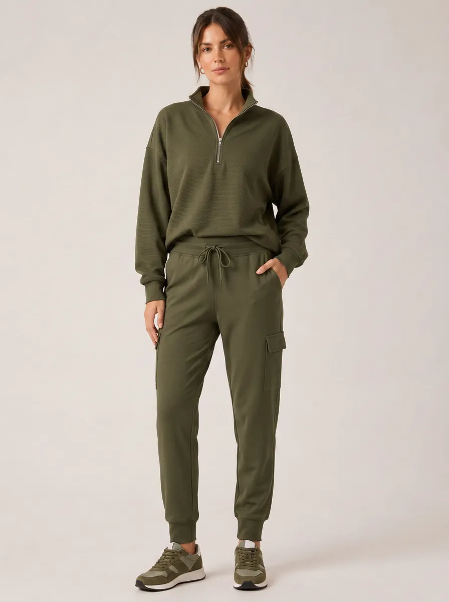 Women's Olive Green Quarter-Zip Cargo Jogger Lounge Set