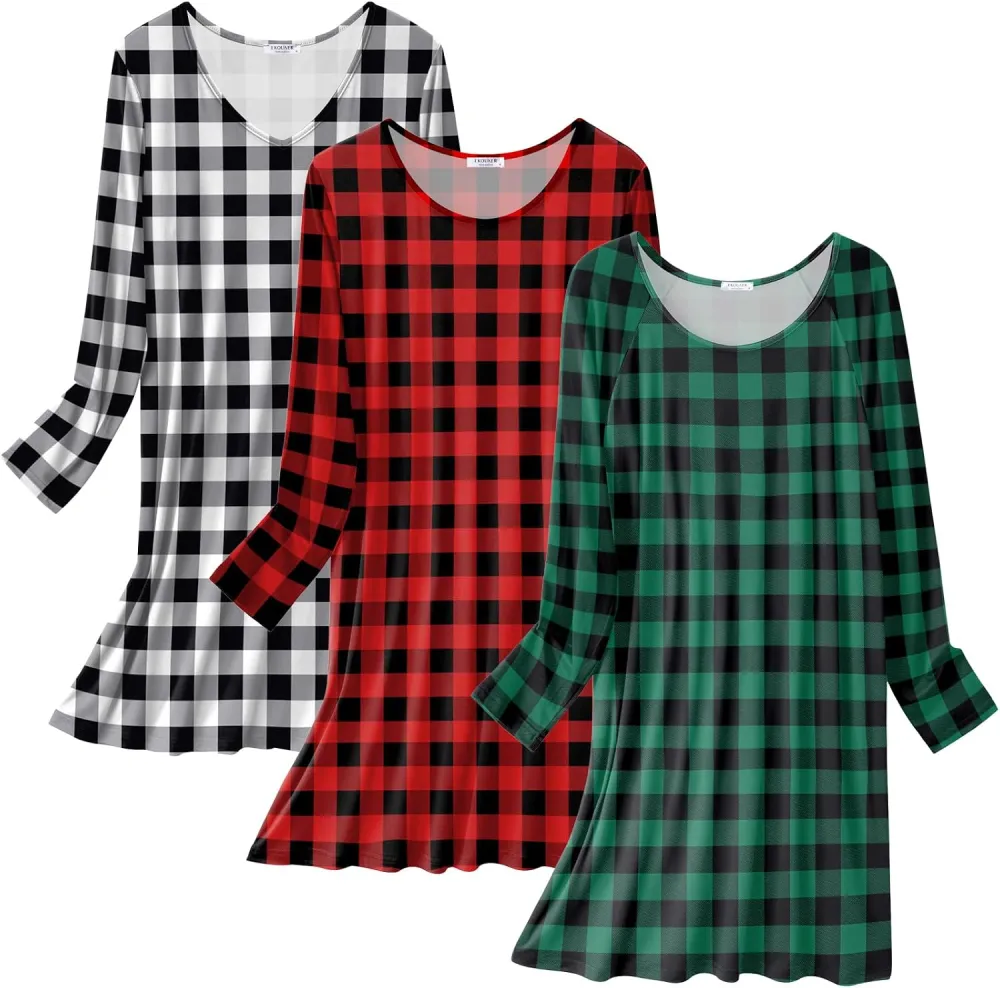 Ekouaer 3 Pack Long Sleeve Nightgowns for Women Casual Sleepwear Nightshirt