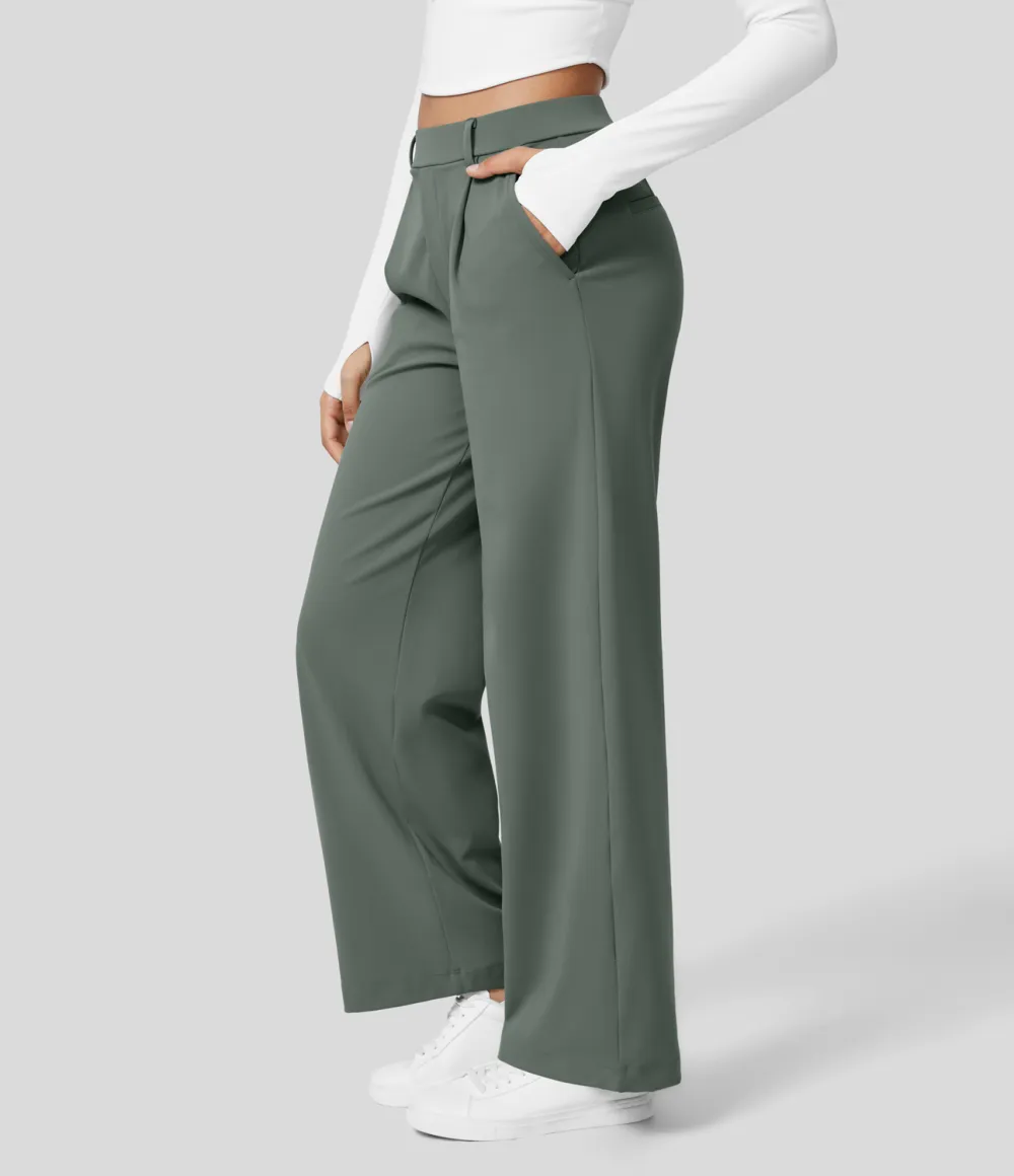 2026🔥  High Waisted Plicated Side Pocket Straight Leg Work Pants