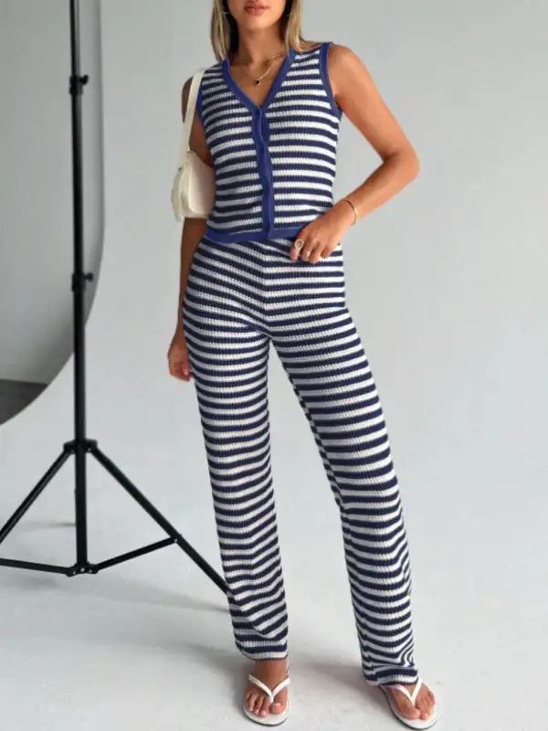 Striped Knit V Neck Button Up Sleeveless Top and Pants