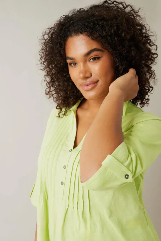 Chartreuse Green Pintuck Henley Top detail 3