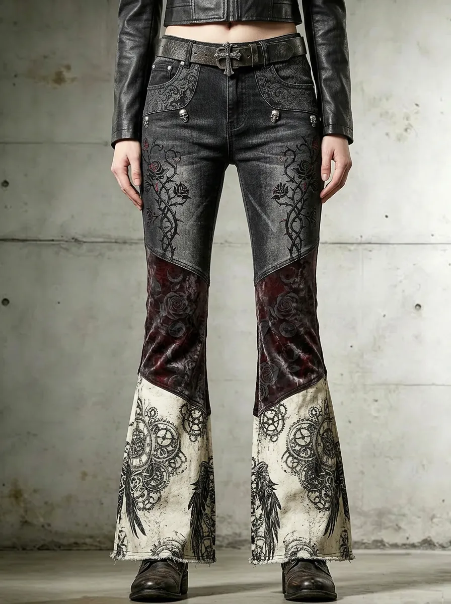 Alternative Skull Rose Flare Street Look Women's Gothic Flare Pants