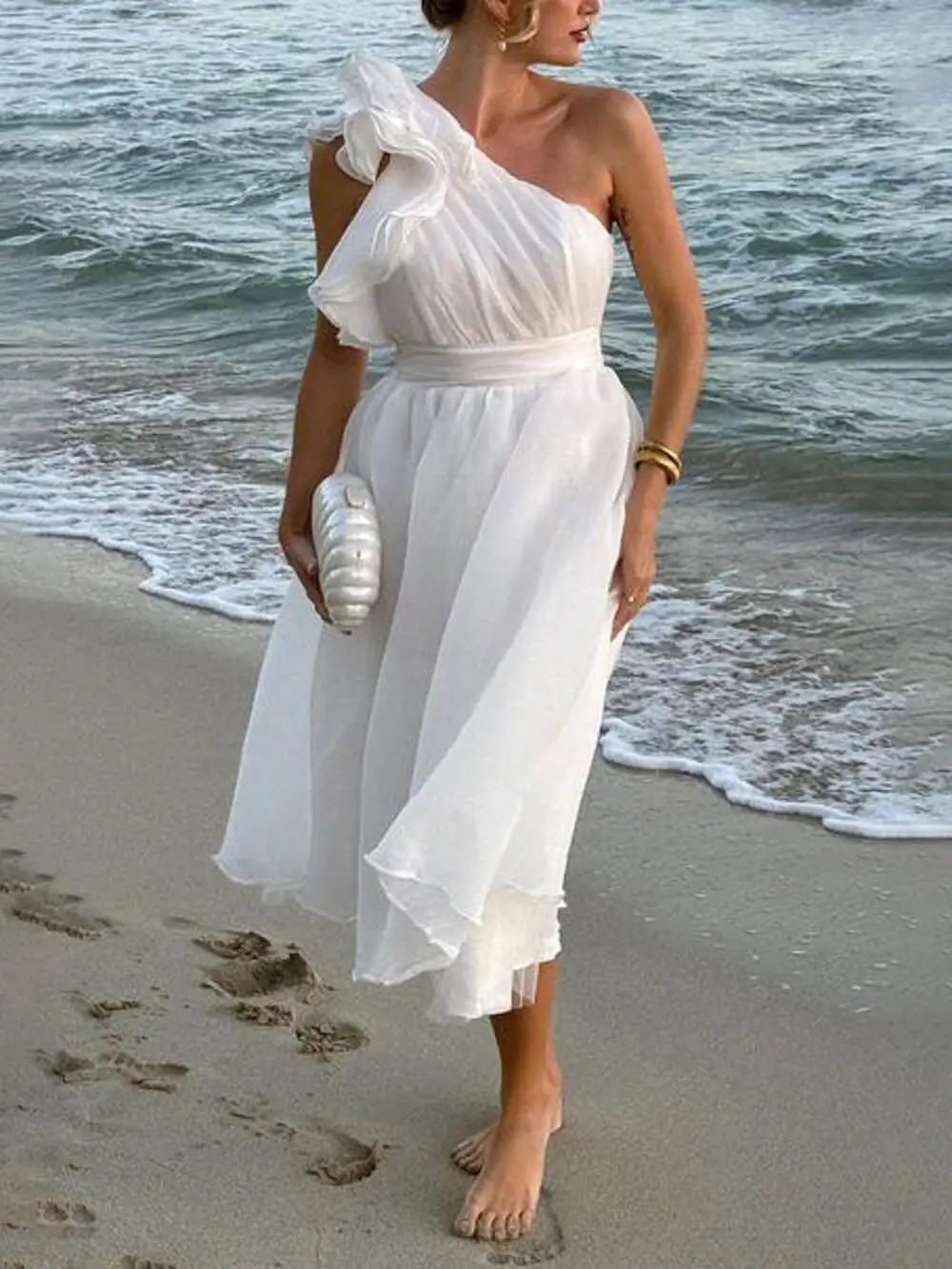 Romantic Seaside One Shoulder Frill Detail Midi Dress