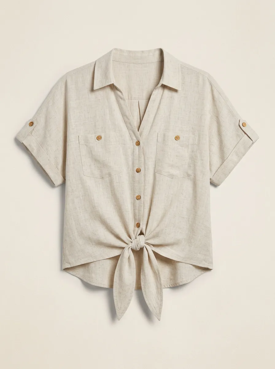 Women's Casual Linen Blend Tie Front Button Down Shirt