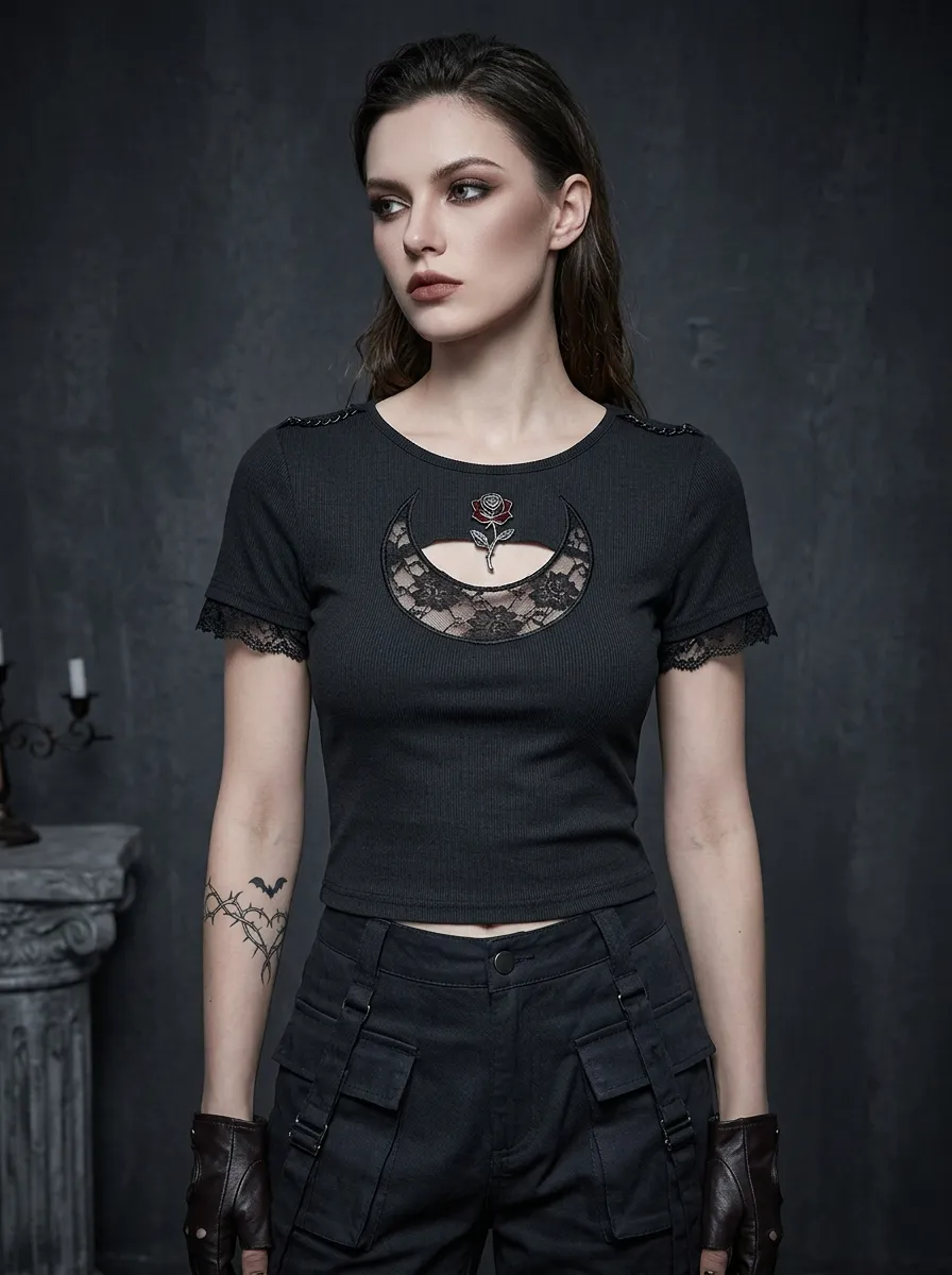 Moonlit Rose Moon Lace Silhouette Women's Gothic T-Shirt